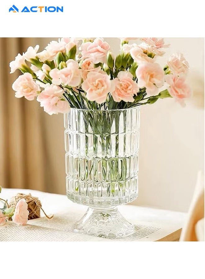 ACTION 7” Embossed Crystal Glass Vase – Transparent Pedestal Base Flower Vase, Hydroponic Bouquet Vase for Home, Office, Wedding & Table Decor (Long Rhombus Pattern) - Image 1